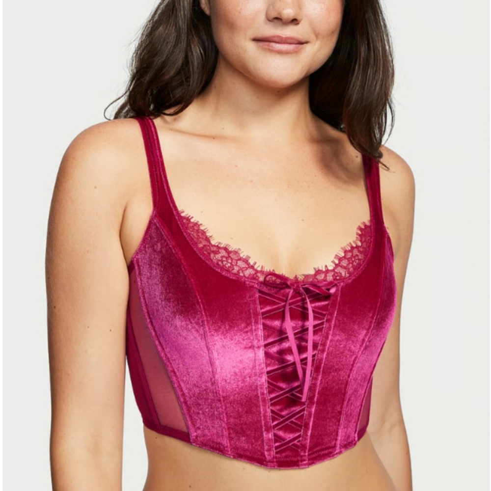Victoria's Secret Dream Angel Unlined Lace Up Fuchsia Velvet Corset - Picture 3 of 8